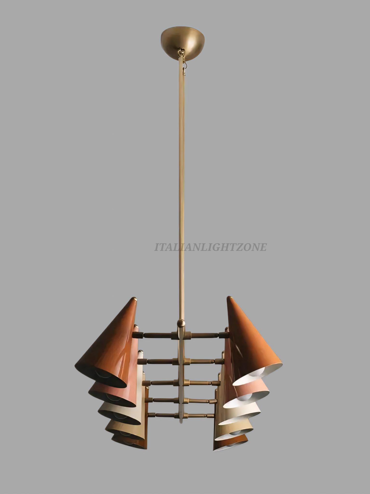 1920s Art Deco Mid Century Modern Brass Chandelier | Italian Stilnovo Sputnik Pendant Light | Ten Arm Cone Ceiling Fixture | Christmas decor