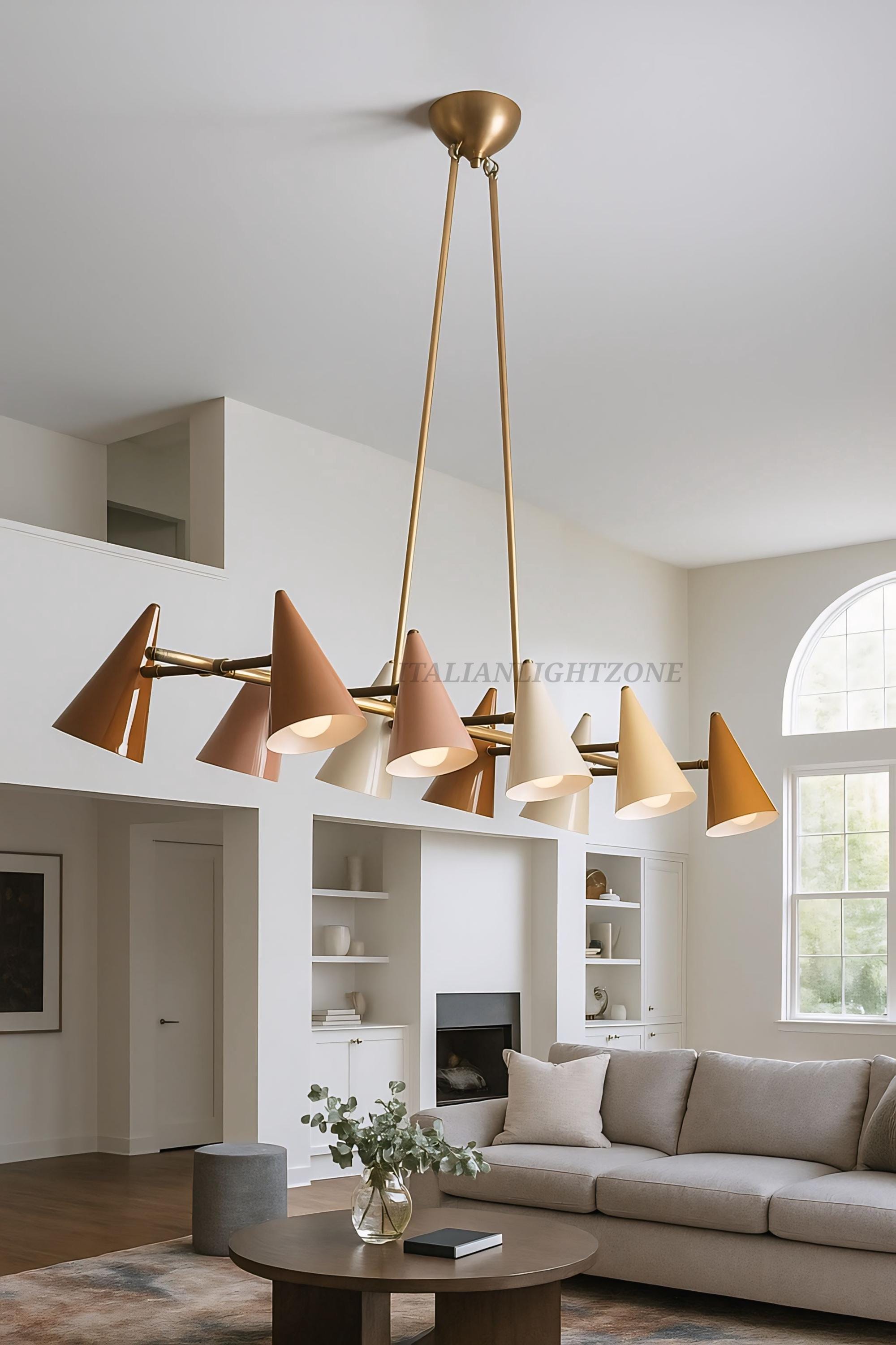 1920s Art Deco Mid Century Modern Brass Chandelier | Italian Stilnovo Sputnik Pendant Light | Ten Arm Cone Ceiling Fixture | Christmas decor