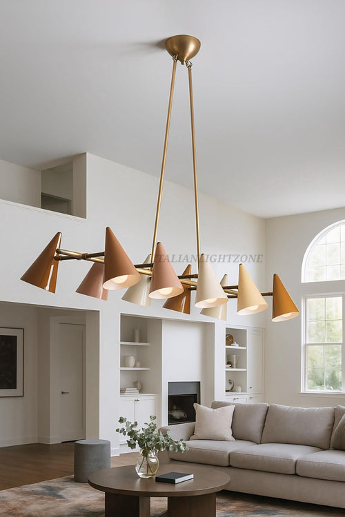 1920s Art Deco Mid Century Modern Brass Chandelier | Italian Stilnovo Sputnik Pendant Light | Ten Arm Cone Ceiling Fixture | Christmas decor