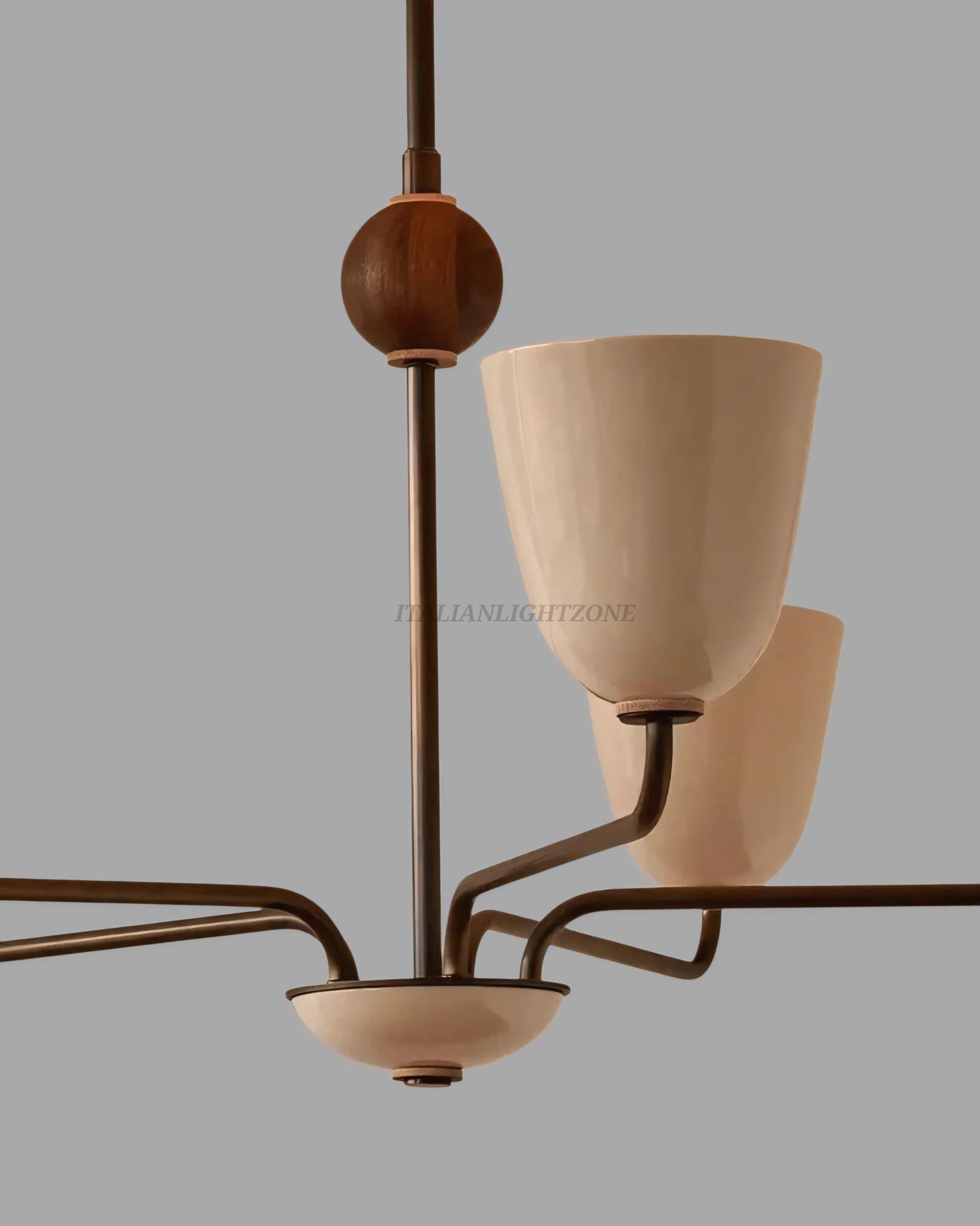 Mid Century Modern Chandelier | 1950s Italian Vintage Ceiling Light | 5-Light Cream Shade Retro Pendant for Living Room