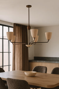 Mid Century Modern Chandelier | 1950s Italian Vintage Ceiling Light | 5-Light Cream Shade Retro Pendant for Living Room