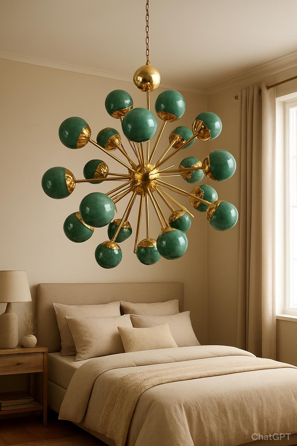 1950s Mid Century Modern Brass Green Glass Sputnik Chandelier | Retro Ceiling Light Pendant Lighting for Dining Room, Bedroom & Living Room