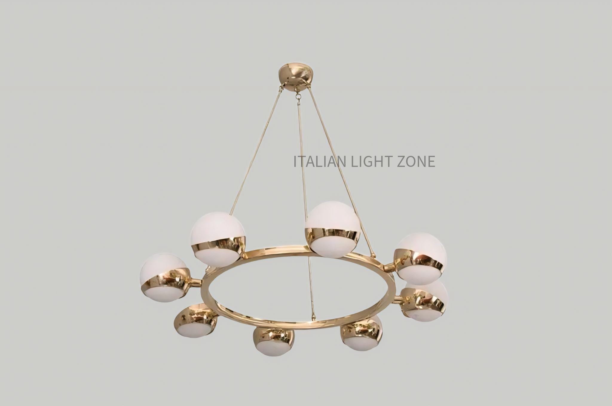 Mid Century Sputnik Chandelier – 8 Globe Brass Pendant Light Fixture | Circle Cut Shade for Dining Room & Modern Home Decor