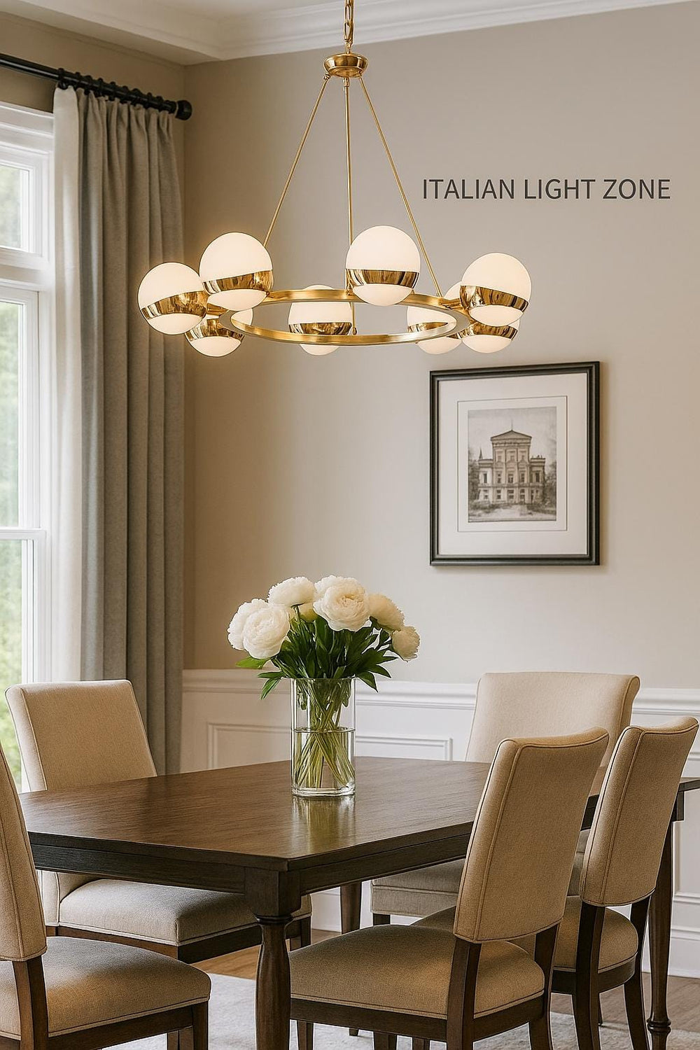 Mid Century Sputnik Chandelier – 8 Globe Brass Pendant Light Fixture | Circle Cut Shade for Dining Room & Modern Home Decor