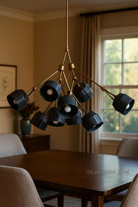 Mid Century Modern Brass Sputnik Chandelier | Blue & White Globe Pendant