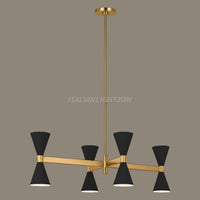 Mid-Century Modern Brass Chandelier - Black Cone Pendant, Linear Light