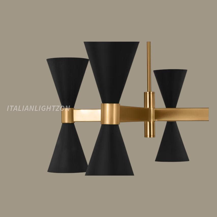 Mid-Century Modern Brass Chandelier - Black Cone Pendant, Linear Light