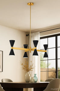 Mid-Century Modern Brass Chandelier - Black Cone Pendant, Linear Light