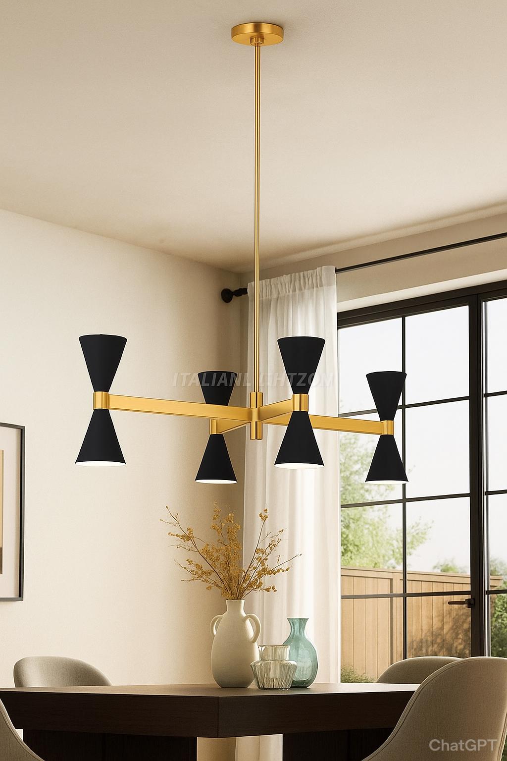 Mid-Century Modern Brass Chandelier - Black Cone Pendant, Linear Light
