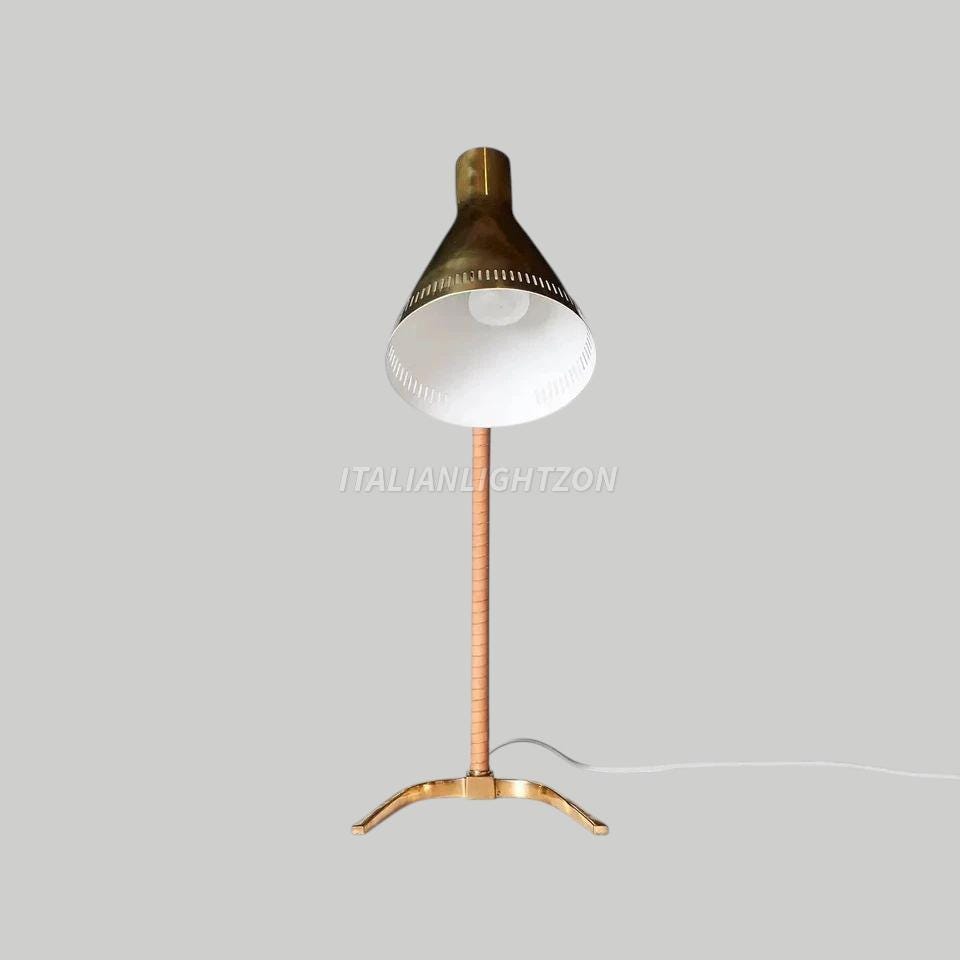 Mid Century Modern Brass Table Lamp with Leather | Italian Vintage Desk Light | Retro Bedside Lighting Decor
