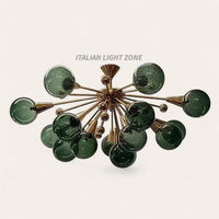 Mid Century Modern Brass Green Glass Chandelier | Italian Stilnovo Sputnik 14 Globe Ceiling Light | 1920s Art Deco Murano Lighting