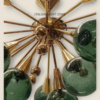 Mid Century Modern Brass Green Glass Chandelier | Italian Stilnovo Sputnik 14 Globe Ceiling Light | 1920s Art Deco Murano Lighting
