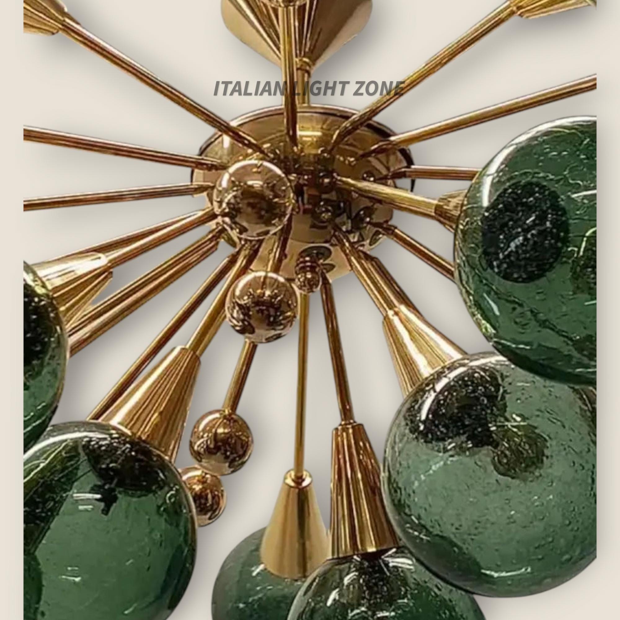 Mid Century Modern Brass Green Glass Chandelier | Italian Stilnovo Sputnik 14 Globe Ceiling Light | 1920s Art Deco Murano Lighting