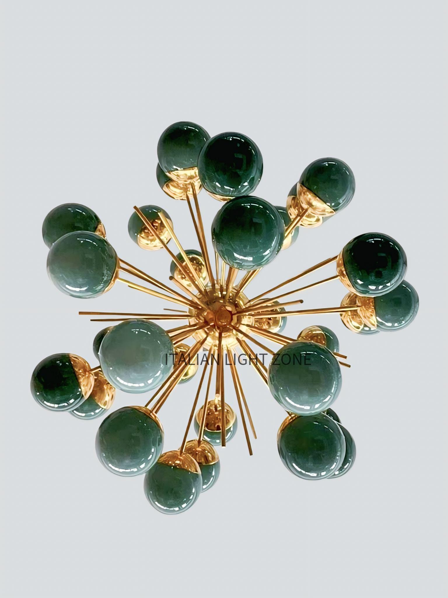 1950s Mid Century Modern Brass Green Glass Sputnik Chandelier | Retro Ceiling Light Pendant Lighting for Dining Room, Bedroom & Living Room
