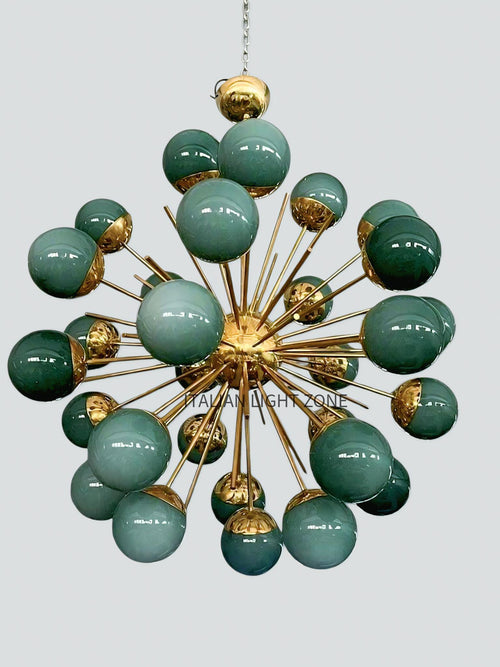 1950s Mid Century Modern Brass Green Glass Sputnik Chandelier | Retro Ceiling Light Pendant Lighting for Dining Room, Bedroom & Living Room