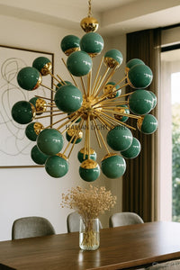 1950s Mid Century Modern Brass Green Glass Sputnik Chandelier | Retro Ceiling Light Pendant Lighting for Dining Room, Bedroom & Living Room