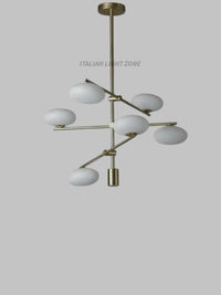 1920s Mid Century Modern Italian Brass Chandelier – 6-Light Sputnik Stilnovo White Globe Pendant Ceiling Light – Living Room & Bedroom