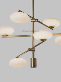 1920s Mid Century Modern Italian Brass Chandelier – 6-Light Sputnik Stilnovo White Globe Pendant Ceiling Light – Living Room & Bedroom