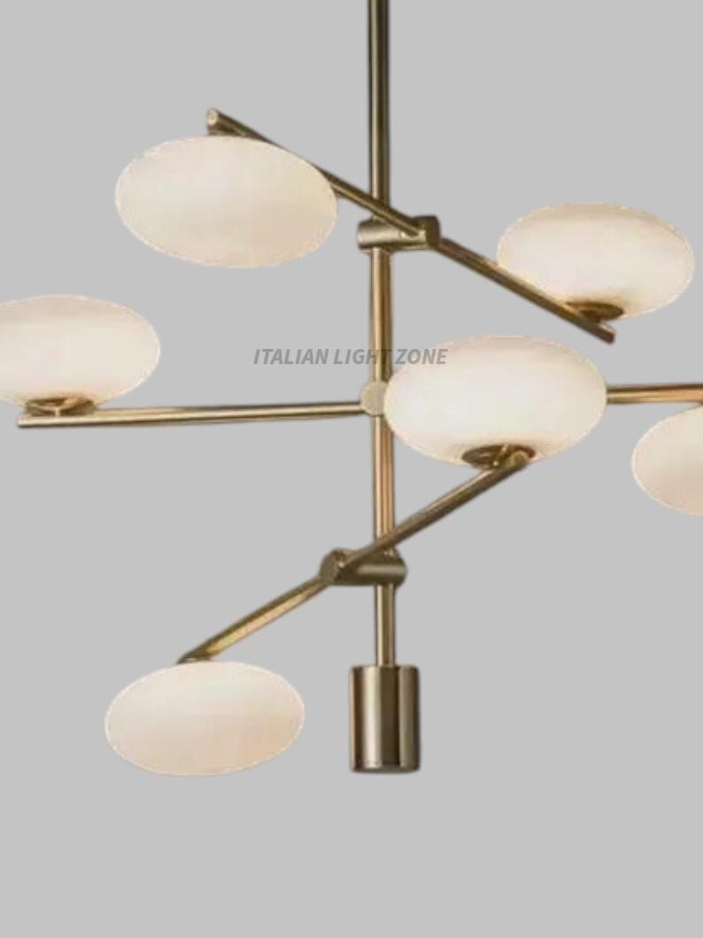 1920s Mid Century Modern Italian Brass Chandelier – 6-Light Sputnik Stilnovo White Globe Pendant Ceiling Light – Living Room & Bedroom
