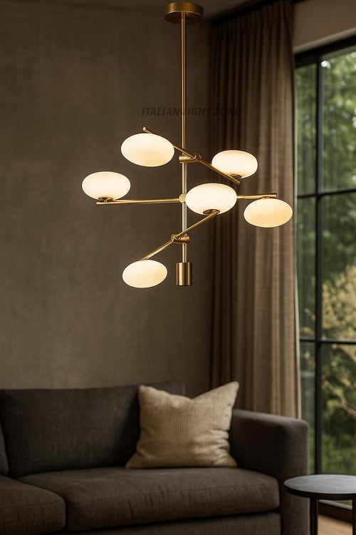 1920s Mid Century Modern Italian Brass Chandelier – 6-Light Sputnik Stilnovo White Globe Pendant Ceiling Light – Living Room & Bedroom