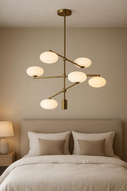 1920s Mid Century Modern Italian Brass Chandelier – 6-Light Sputnik Stilnovo White Globe Pendant Ceiling Light – Living Room & Bedroom