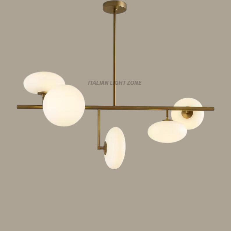 Mid Century Sputnik Chandelier – 5-Light Raw Brass Pendant with Glass Globe Shades – Retro Ceiling Light for Bedroom & Dining Room