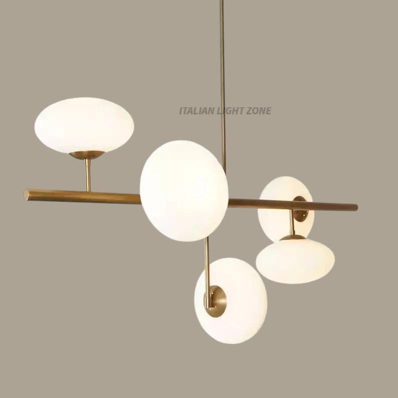 Mid Century Sputnik Chandelier – 5-Light Raw Brass Pendant with Glass Globe Shades – Retro Ceiling Light for Bedroom & Dining Room