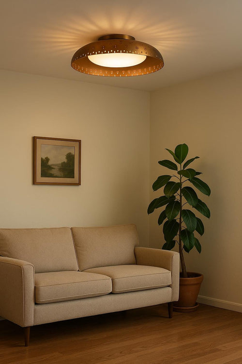 1920s Mid Century Modern Brass Flush Mount Ceiling Light | Vintage Style Dome Fixture | Retro Metal Ceiling Lamp for Living Room & Kitchen