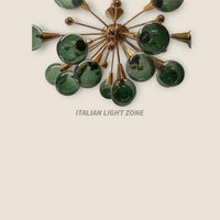 Mid Century Modern Brass Green Glass Chandelier | Italian Stilnovo Sputnik 14 Globe Ceiling Light | 1920s Art Deco Murano Lighting