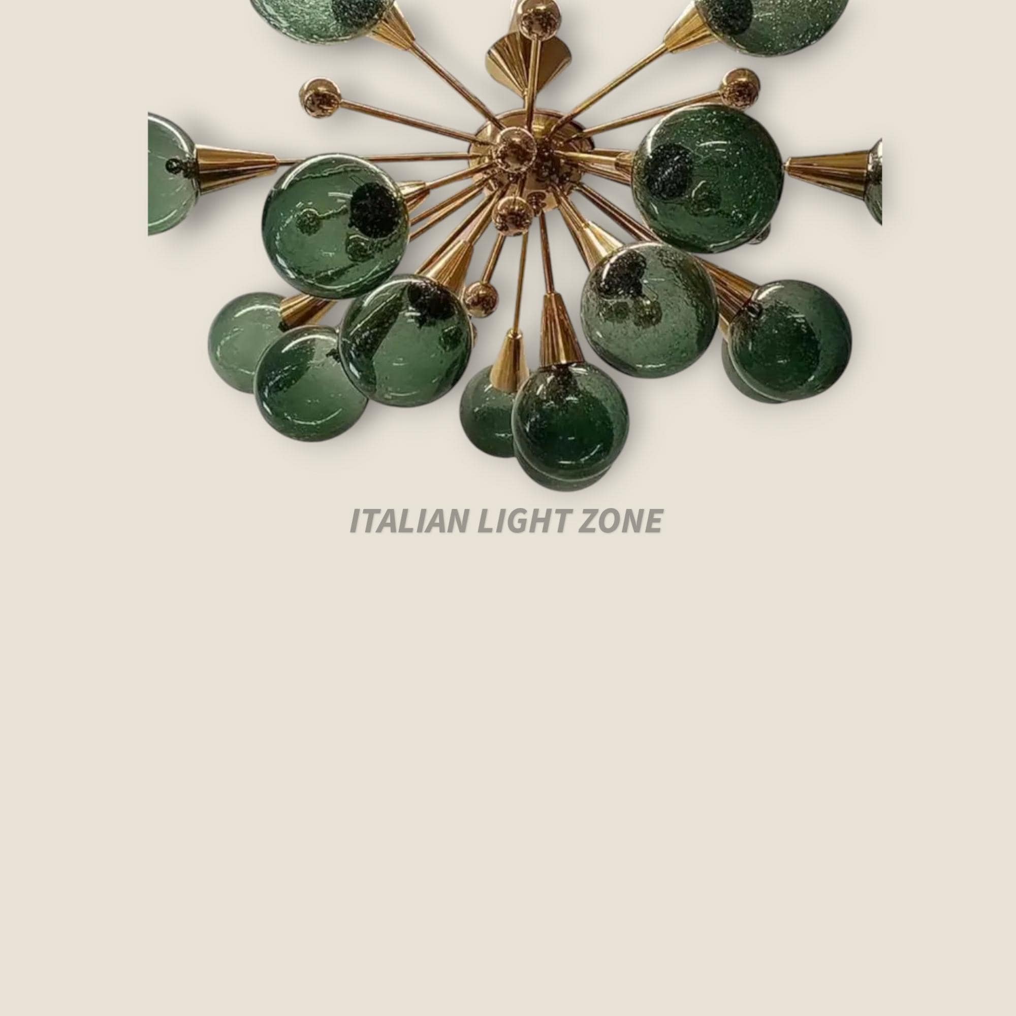 Mid Century Modern Brass Green Glass Chandelier | Italian Stilnovo Sputnik 14 Globe Ceiling Light | 1920s Art Deco Murano Lighting