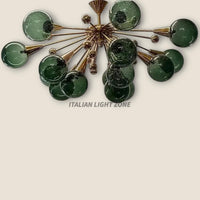 Mid Century Modern Brass Green Glass Chandelier | Italian Stilnovo Sputnik 14 Globe Ceiling Light | 1920s Art Deco Murano Lighting
