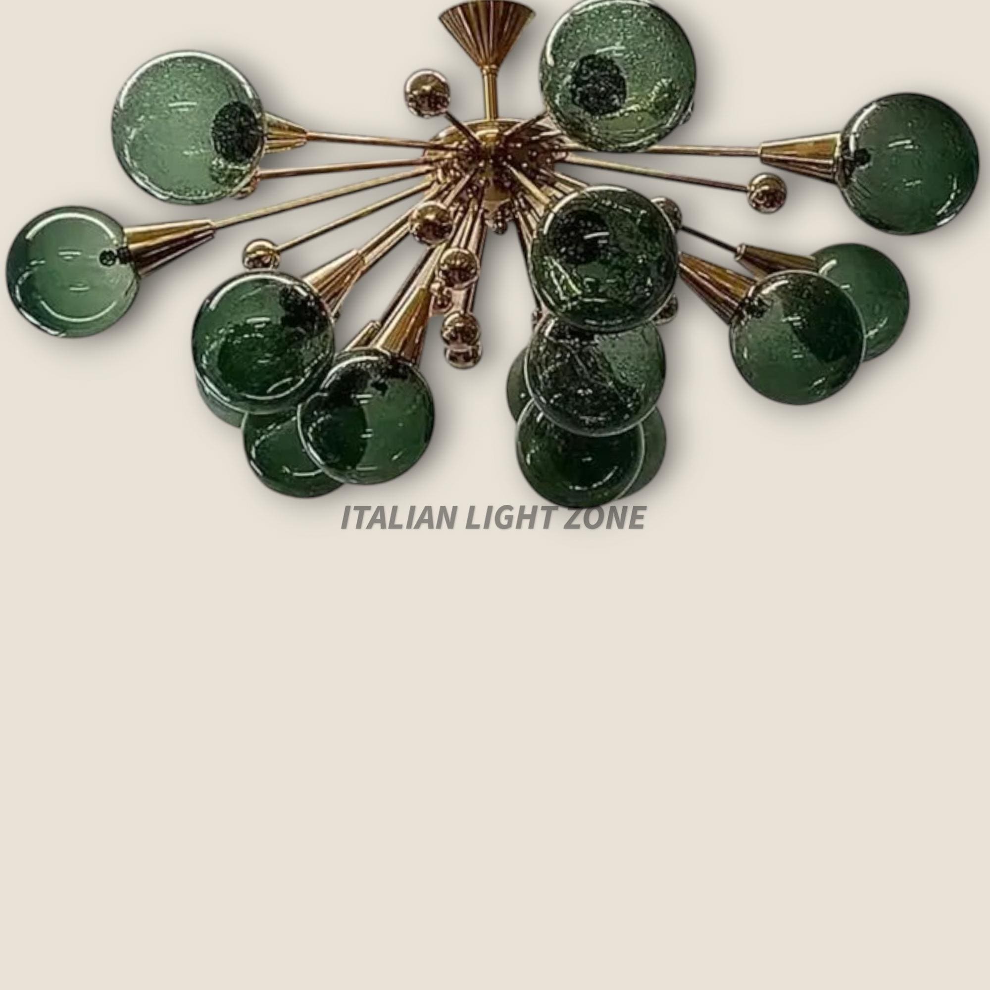 Mid Century Modern Brass Green Glass Chandelier | Italian Stilnovo Sputnik 14 Globe Ceiling Light | 1920s Art Deco Murano Lighting