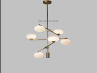1920s Mid Century Modern Italian Brass Chandelier – 6-Light Sputnik Stilnovo White Globe Pendant Ceiling Light – Living Room & Bedroom