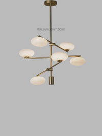 1920s Mid Century Modern Italian Brass Chandelier – 6-Light Sputnik Stilnovo White Globe Pendant Ceiling Light – Living Room & Bedroom