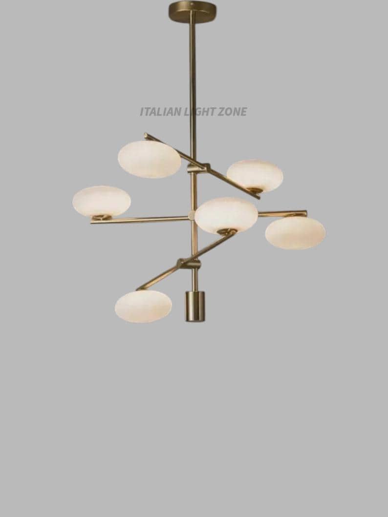 1920s Mid Century Modern Italian Brass Chandelier – 6-Light Sputnik Stilnovo White Globe Pendant Ceiling Light – Living Room & Bedroom