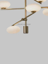 1920s Mid Century Modern Italian Brass Chandelier – 6-Light Sputnik Stilnovo White Globe Pendant Ceiling Light – Living Room & Bedroom