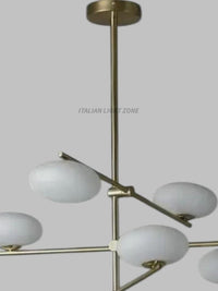 1920s Mid Century Modern Italian Brass Chandelier – 6-Light Sputnik Stilnovo White Globe Pendant Ceiling Light – Living Room & Bedroom