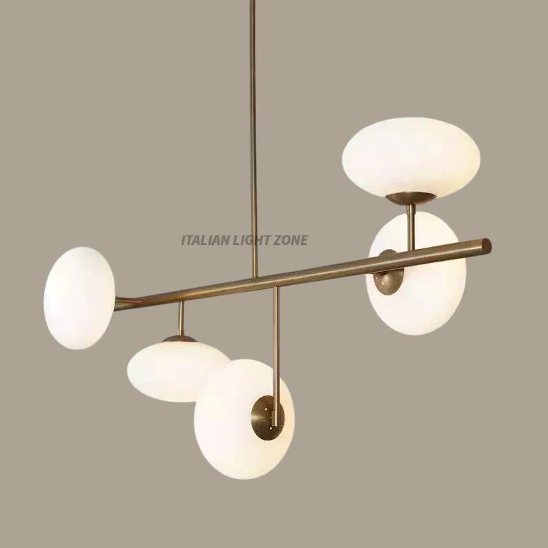 Mid Century Sputnik Chandelier – 5-Light Raw Brass Pendant with Glass Globe Shades – Retro Ceiling Light for Bedroom & Dining Room