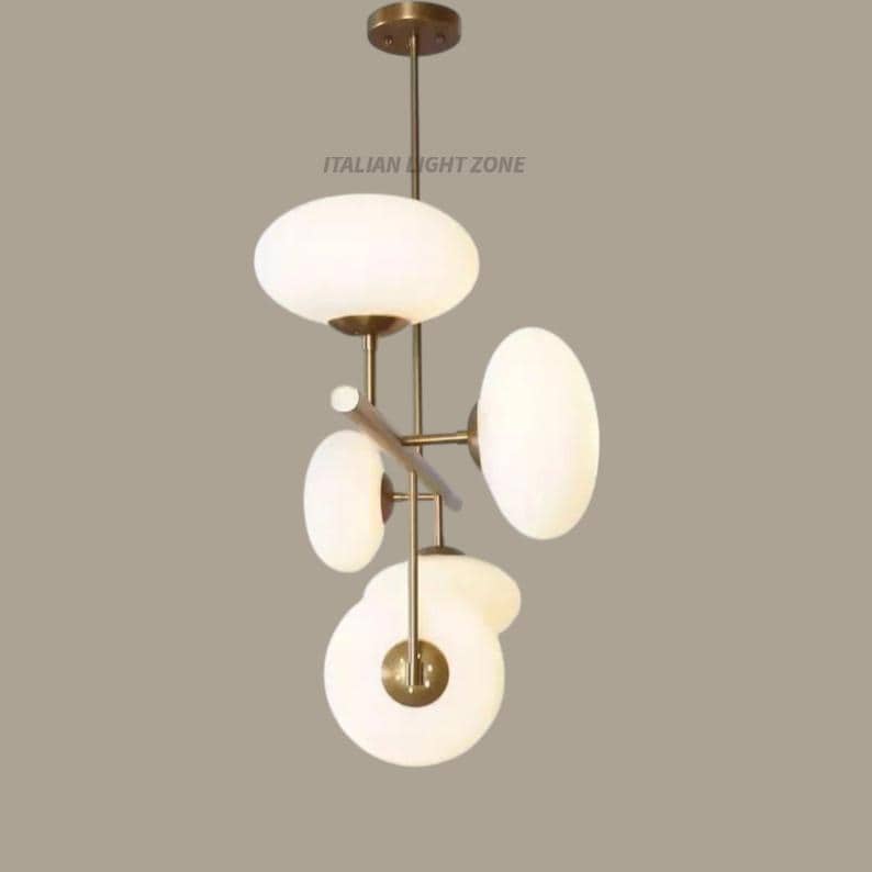Mid Century Sputnik Chandelier – 5-Light Raw Brass Pendant with Glass Globe Shades – Retro Ceiling Light for Bedroom & Dining Room