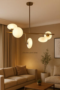 Mid Century Sputnik Chandelier – 5-Light Raw Brass Pendant with Glass Globe Shades – Retro Ceiling Light for Bedroom & Dining Room