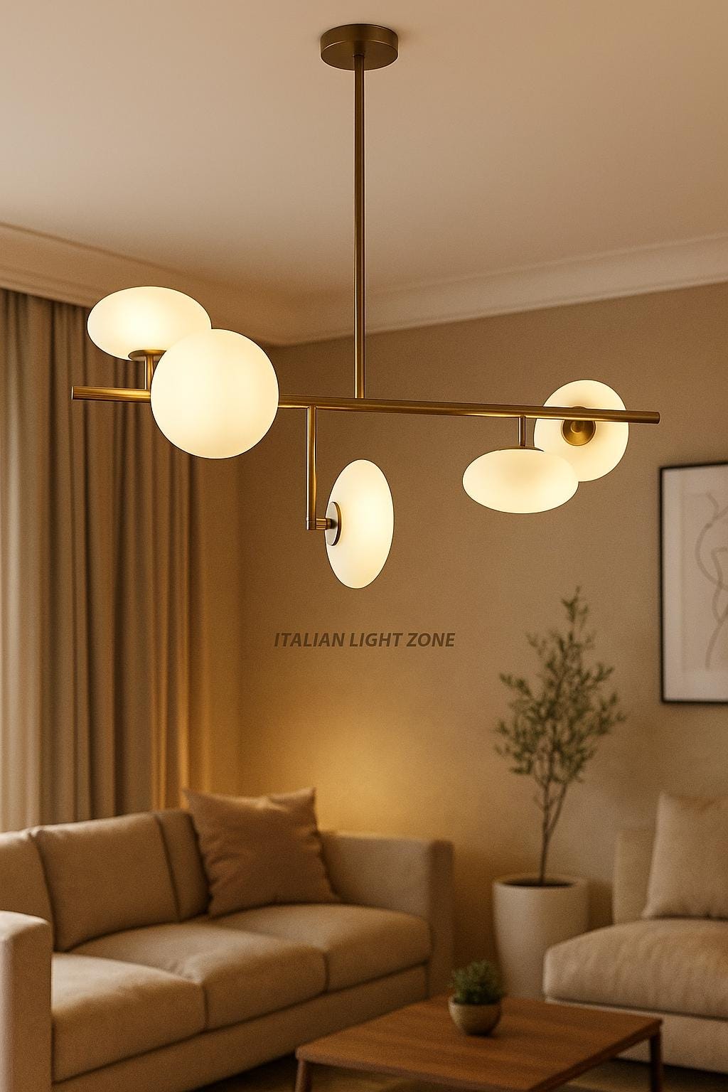 Mid Century Sputnik Chandelier – 5-Light Raw Brass Pendant with Glass Globe Shades – Retro Ceiling Light for Bedroom & Dining Room