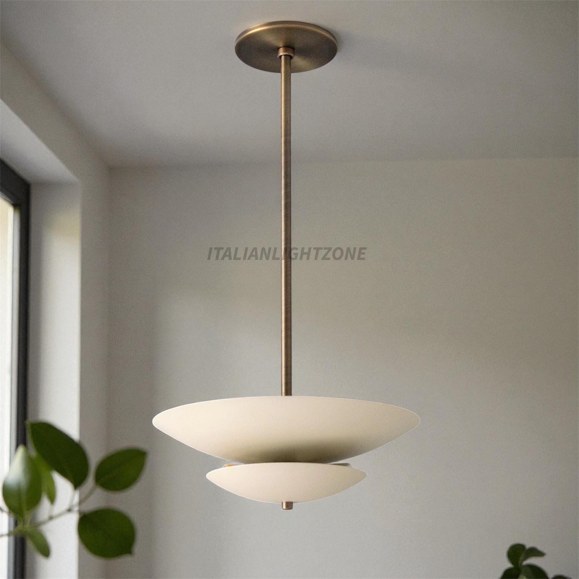 Mid Century Modern Cream Brass Pendant Light, Minimalist Flush Ceiling Fixture, Handmade Sculptural Lighting for Living Room & Dining Room