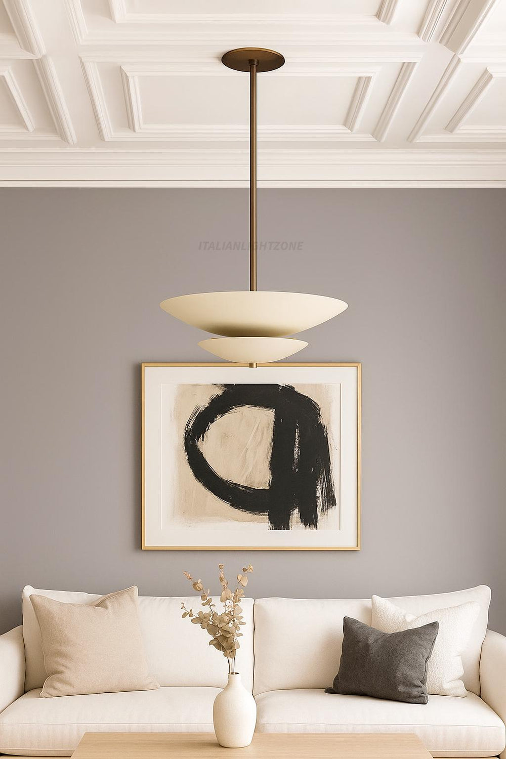 Mid Century Modern Cream Brass Pendant Light, Minimalist Flush Ceiling Fixture, Handmade Sculptural Lighting for Living Room & Dining Room