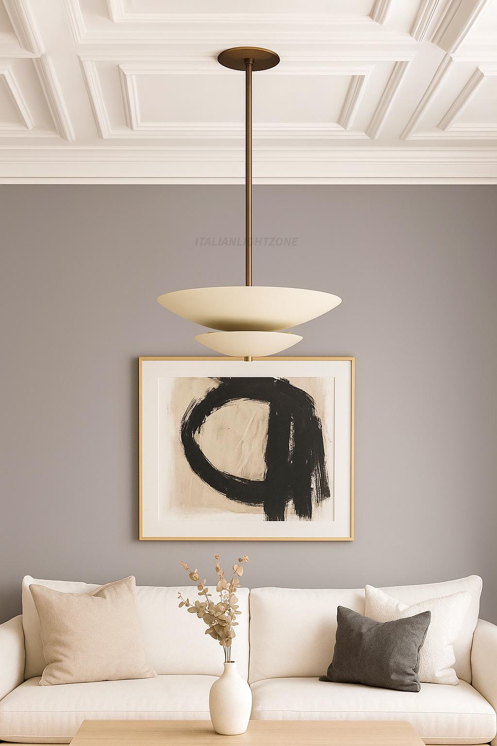 Mid Century Modern Cream Brass Pendant Light, Minimalist Flush Ceiling Fixture, Handmade Sculptural Lighting for Living Room & Dining Room