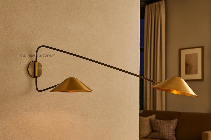 Handmade Brass Double Arm Wall Sconce – Mid Century Modern Swing Arm Light – Diabolo Style Wall Lamp for Living Room & Bedroom