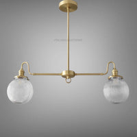 Vintage Brass Chandelier with Ribbed Glass Globes | 2-Light Linear Pendant | Italian Mid-Century Ceiling Light for Kitchen or Dining