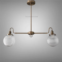 Vintage Brass Chandelier with Ribbed Glass Globes | 2-Light Linear Pendant | Italian Mid-Century Ceiling Light for Kitchen or Dining