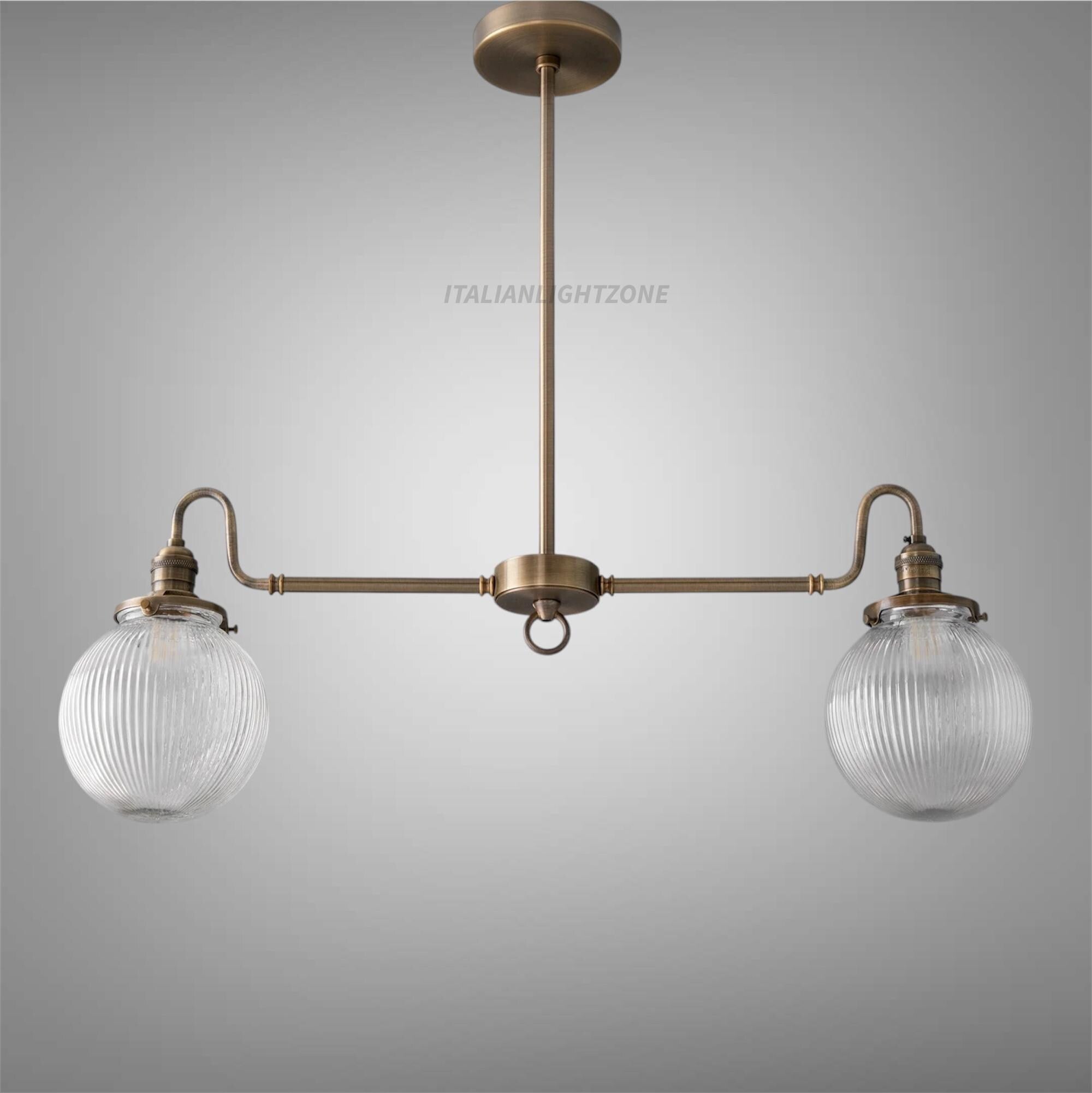 Vintage Brass Chandelier with Ribbed Glass Globes | 2-Light Linear Pendant | Italian Mid-Century Ceiling Light for Kitchen or Dining