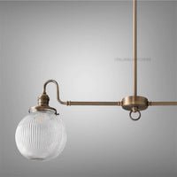 Vintage Brass Chandelier with Ribbed Glass Globes | 2-Light Linear Pendant | Italian Mid-Century Ceiling Light for Kitchen or Dining