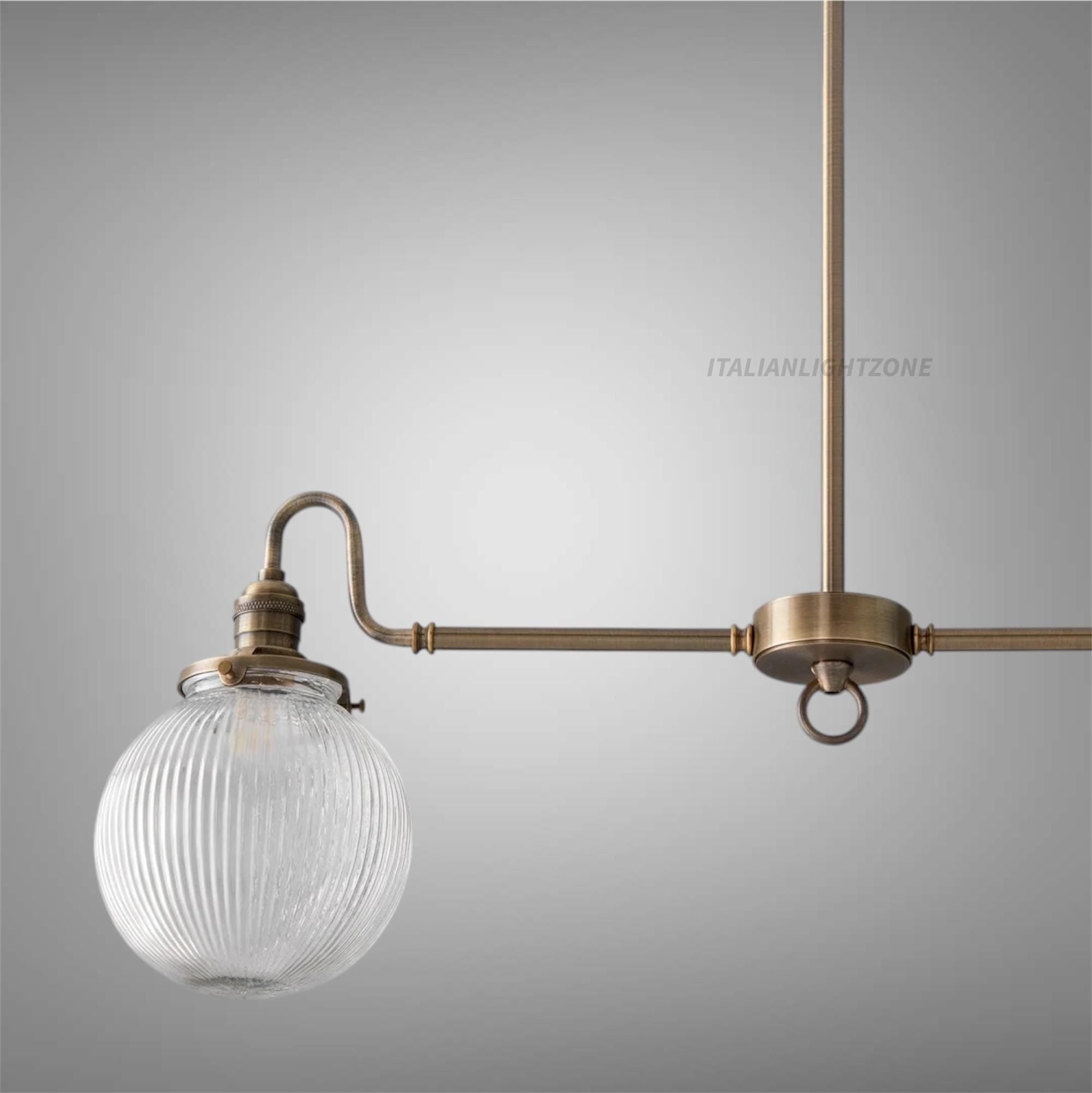 Vintage Brass Chandelier with Ribbed Glass Globes | 2-Light Linear Pendant | Italian Mid-Century Ceiling Light for Kitchen or Dining